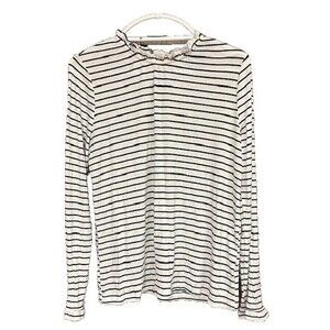 Kaileigh Top Womens Large Ruffle Neck Cream Black Stripe Long Sleeve Knit Blouse
